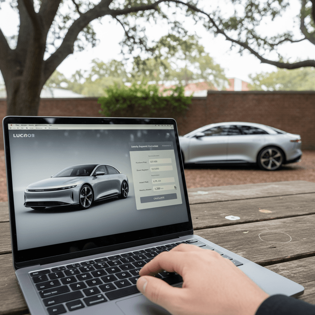 Person using an online car payment calculator on a laptop while a Lucid Air is parked outside a modern home
