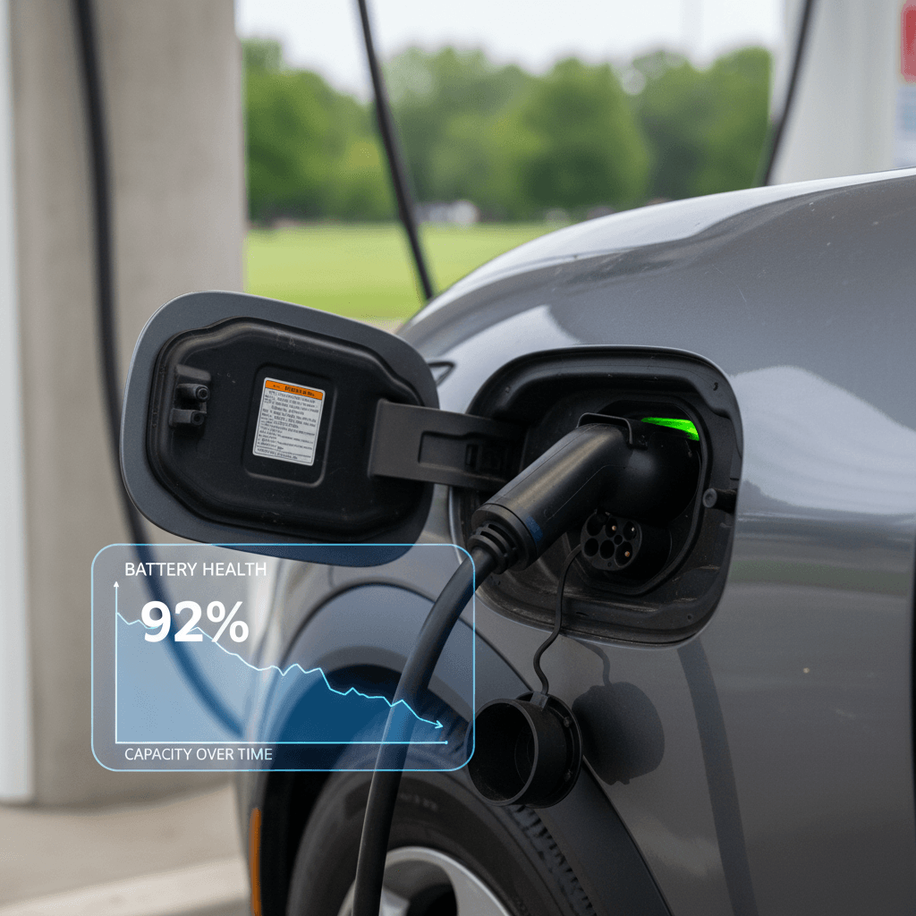 Ford Mustang Mach‑E charging port with a battery health graph overlay showing gradual capacity decline over years
