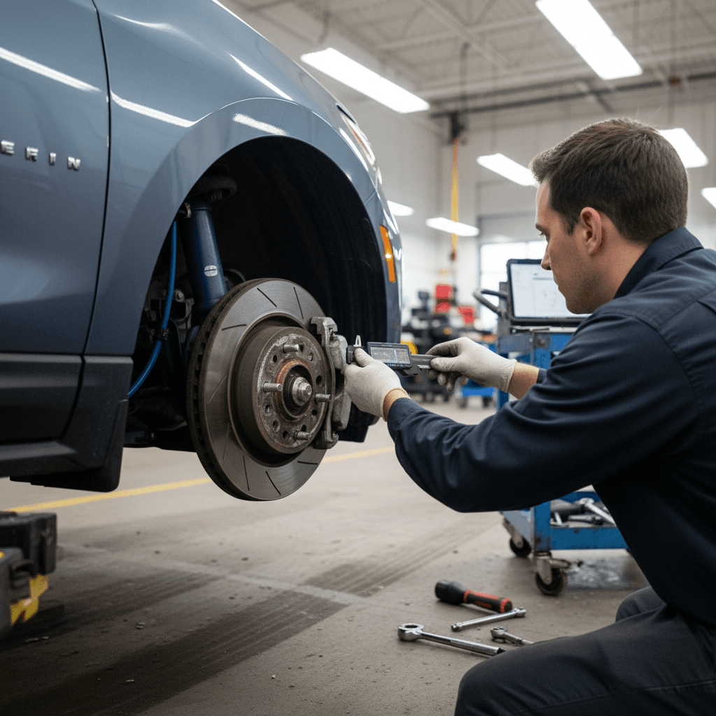 Technician rotating tires on a Chevy Equinox EV on a lift in a bright service bay