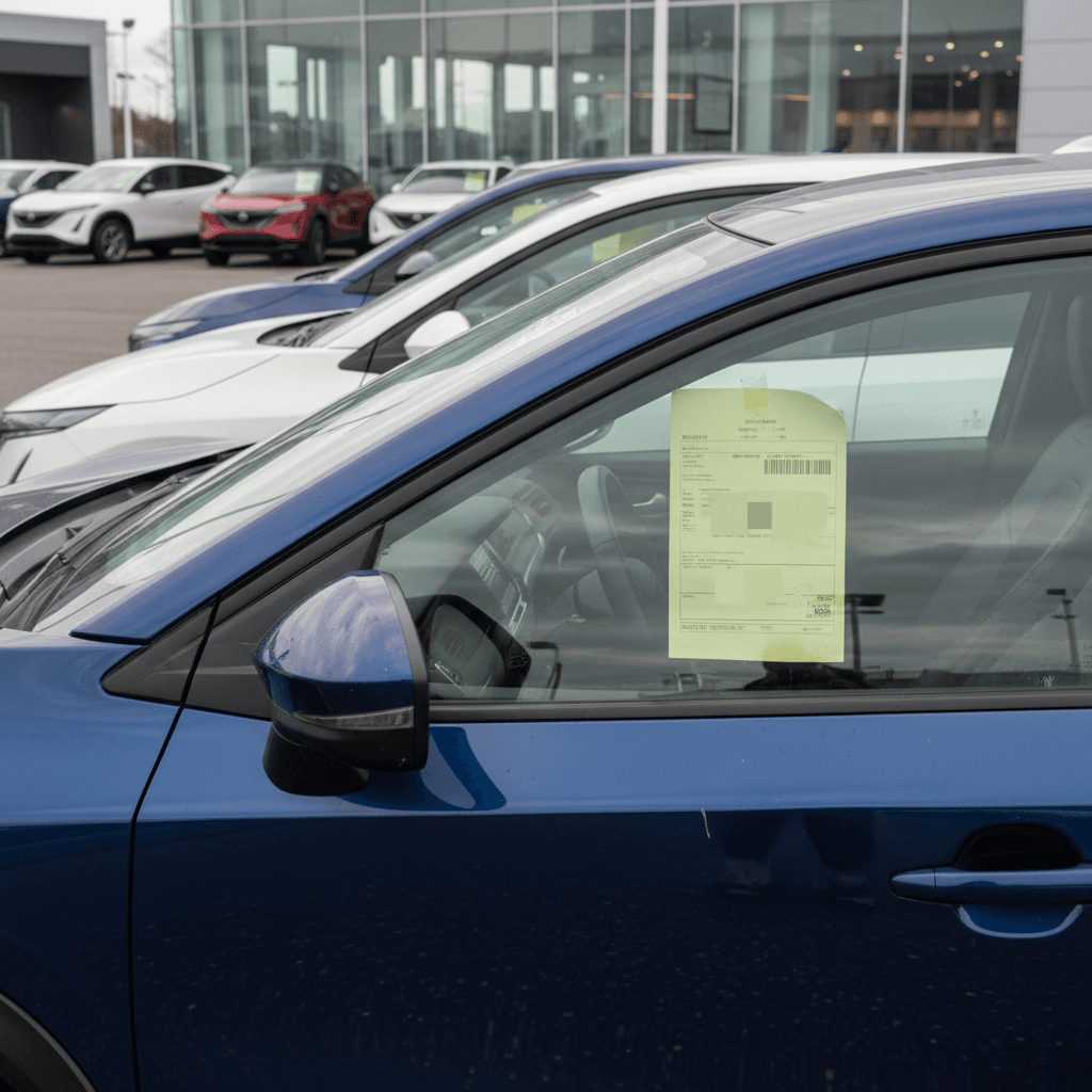 Row of used Nissan Ariya SUVs lined up on a lot with price stickers in the windows