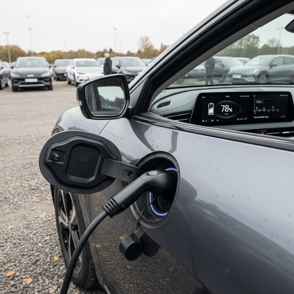 Used Kia EV6 plugged into a charger while a technician checks battery health on a diagnostic tablet
