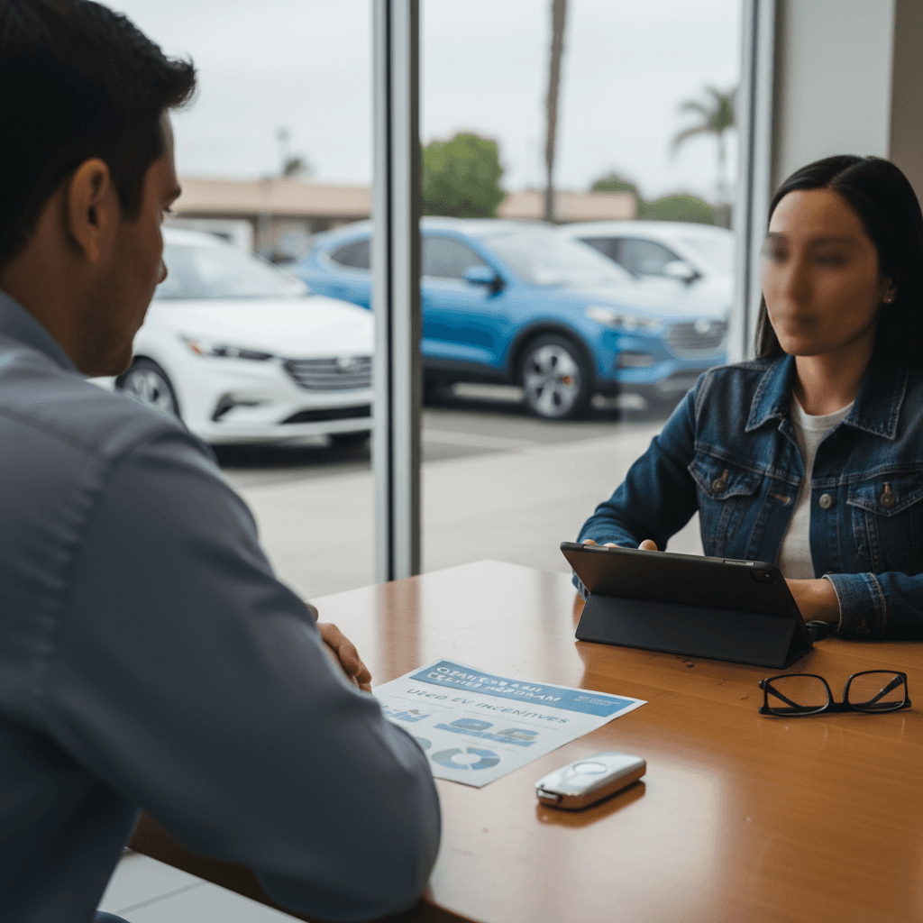 California car buyer sitting with an EV specialist reviewing used electric vehicle incentive options on a tablet