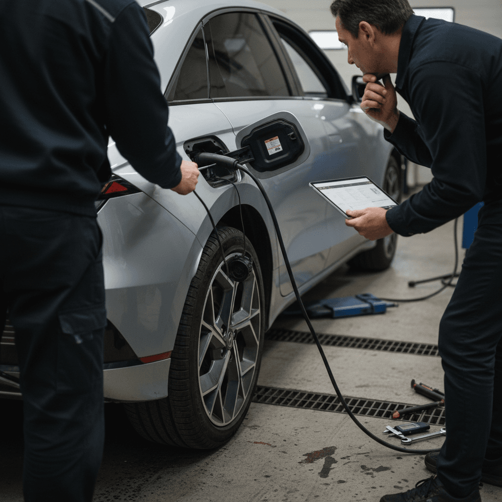 Charging cable plugged into a Porsche Macan Electric charge port at a home wallbox
