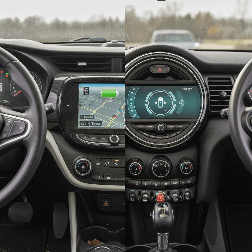 Side‑by‑side interiors of a Chevrolet Bolt EV and a Mini Cooper SE, highlighting the different dashboard layouts and seating space