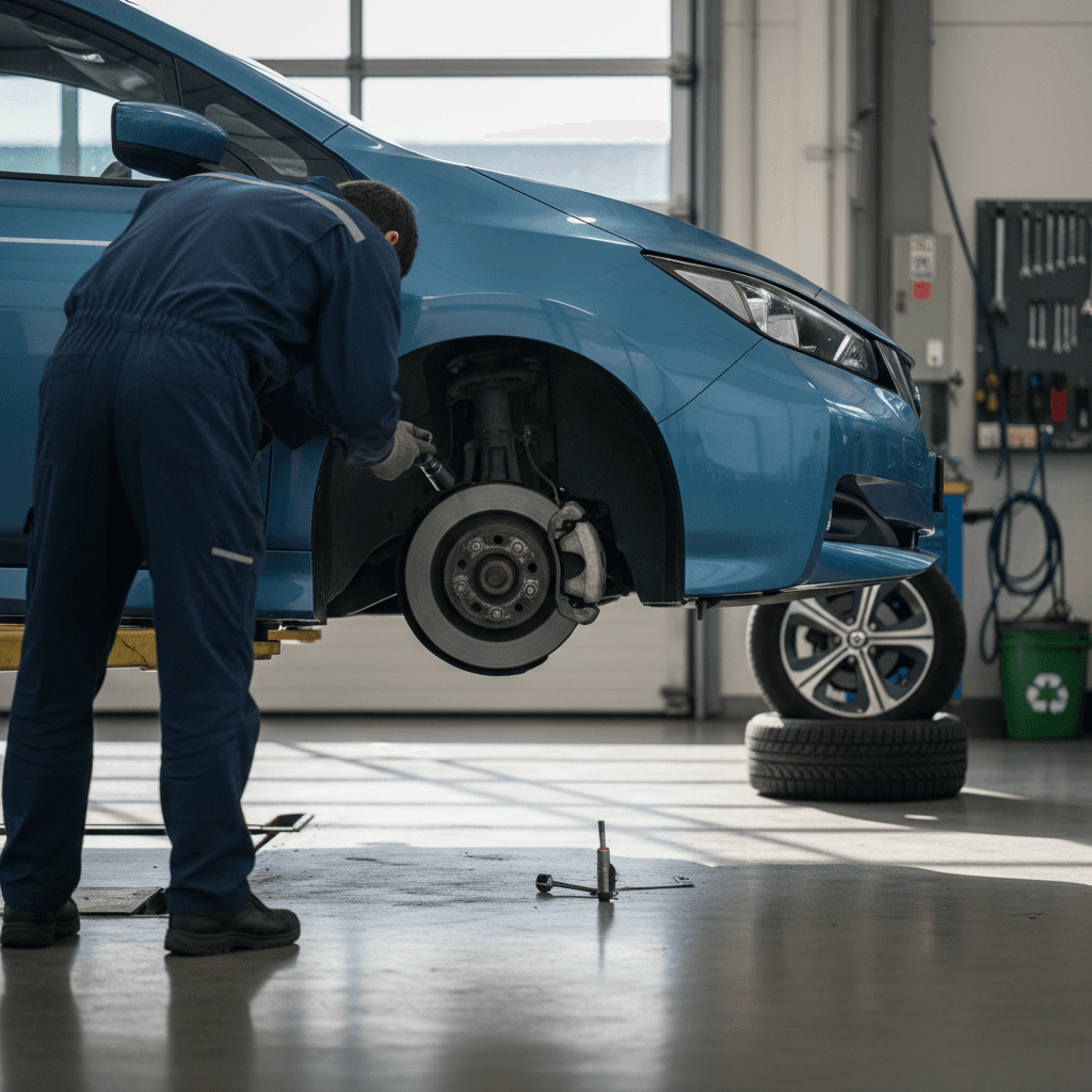 Technician inspecting tires and brakes on a Nissan Leaf on a lift