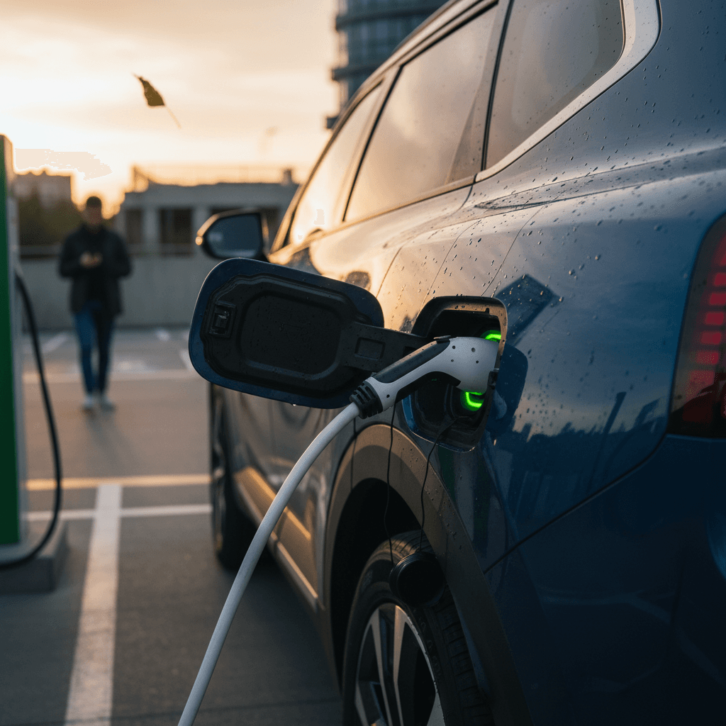 Kia EV9 three row electric SUV parked with family nearby