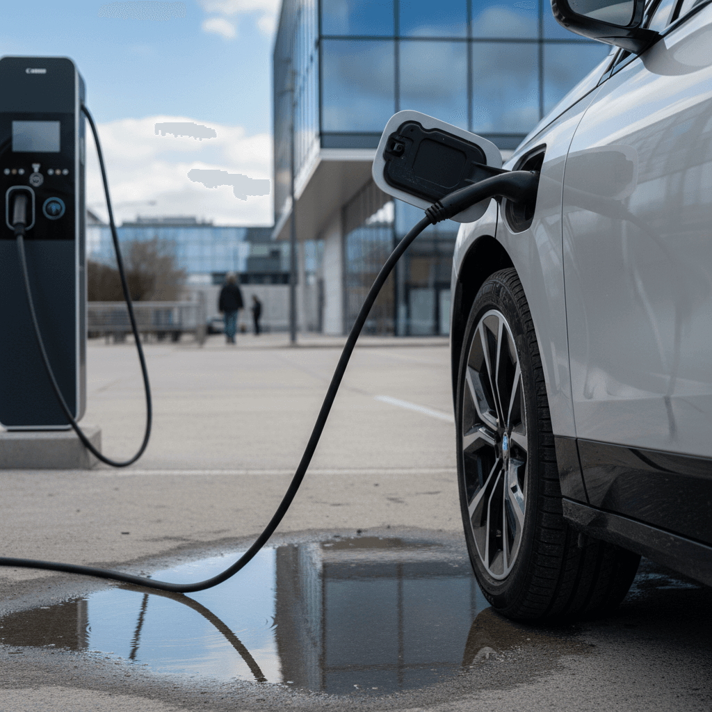 BMW iX plugged into a public fast charger showing its distinctive grille and wheels