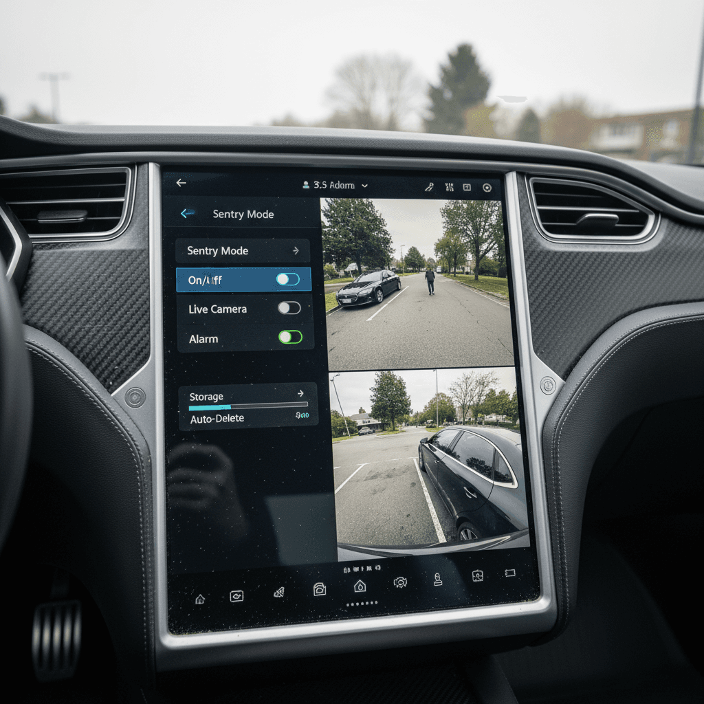 Tesla center display showing Sentry Mode armed and a list of recent security events