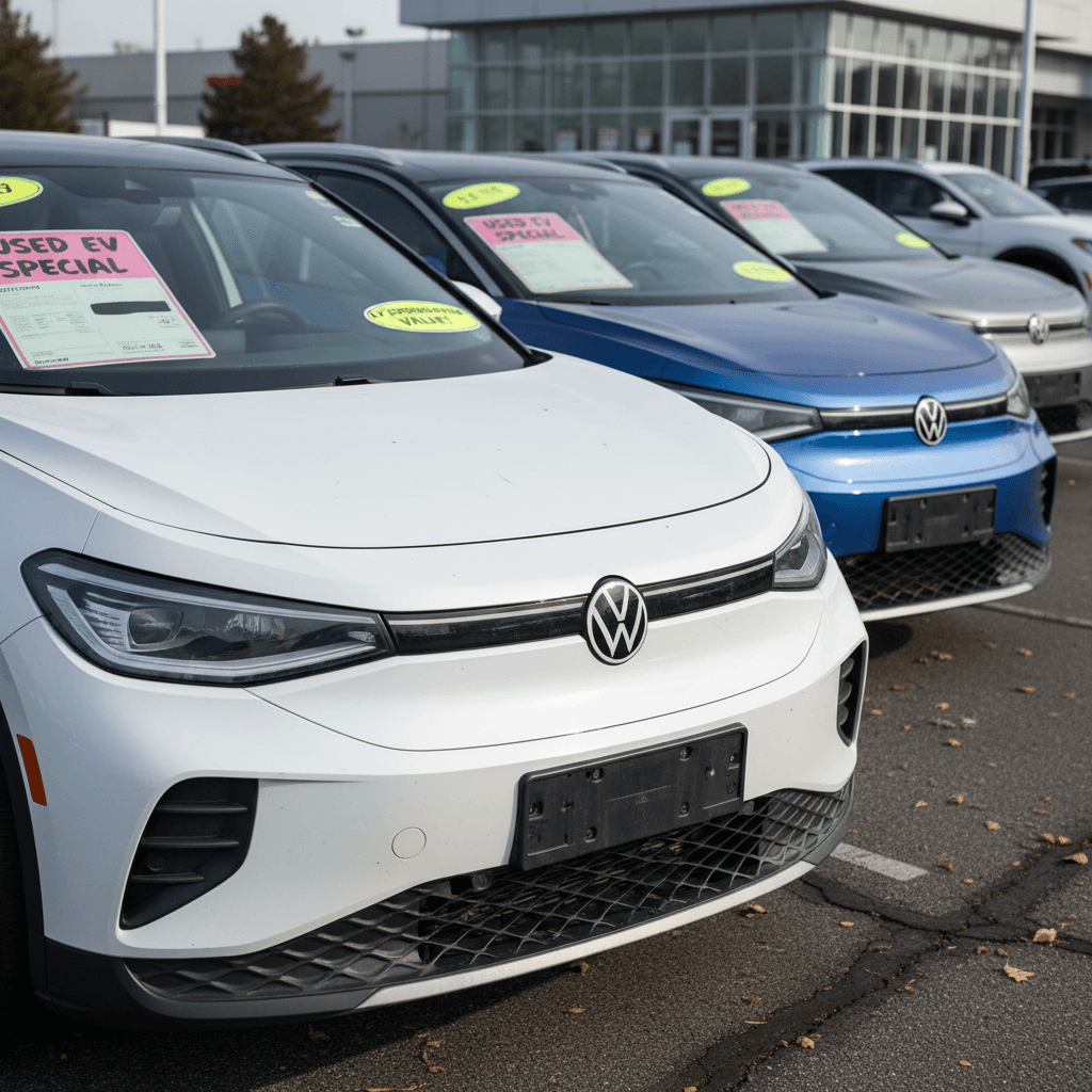 Row of used Volkswagen ID.4 electric SUVs parked on a dealer lot, highlighting depreciation opportunities