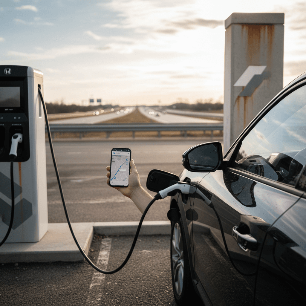 Honda Prologue plugged into a highway DC fast charging station while the driver checks their route on a smartphone