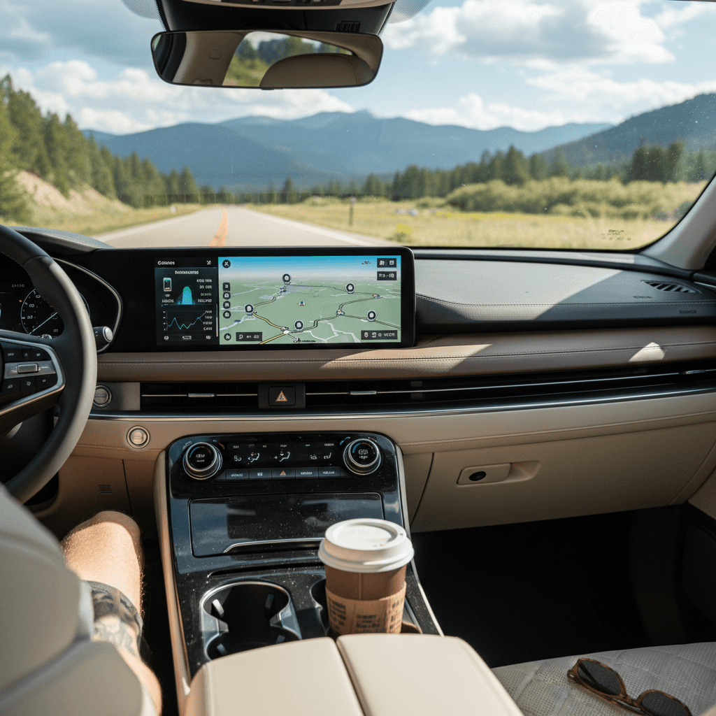 Driver in a Genesis Electrified GV70 reviewing route and charging stops on the center touchscreen before starting a road trip