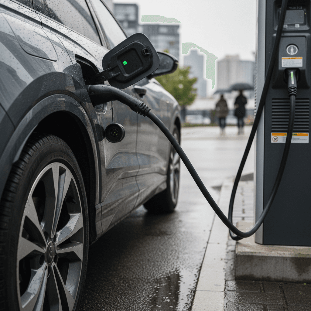 2022 Audi Q4 e-tron charging at a public DC fast charger in an urban setting