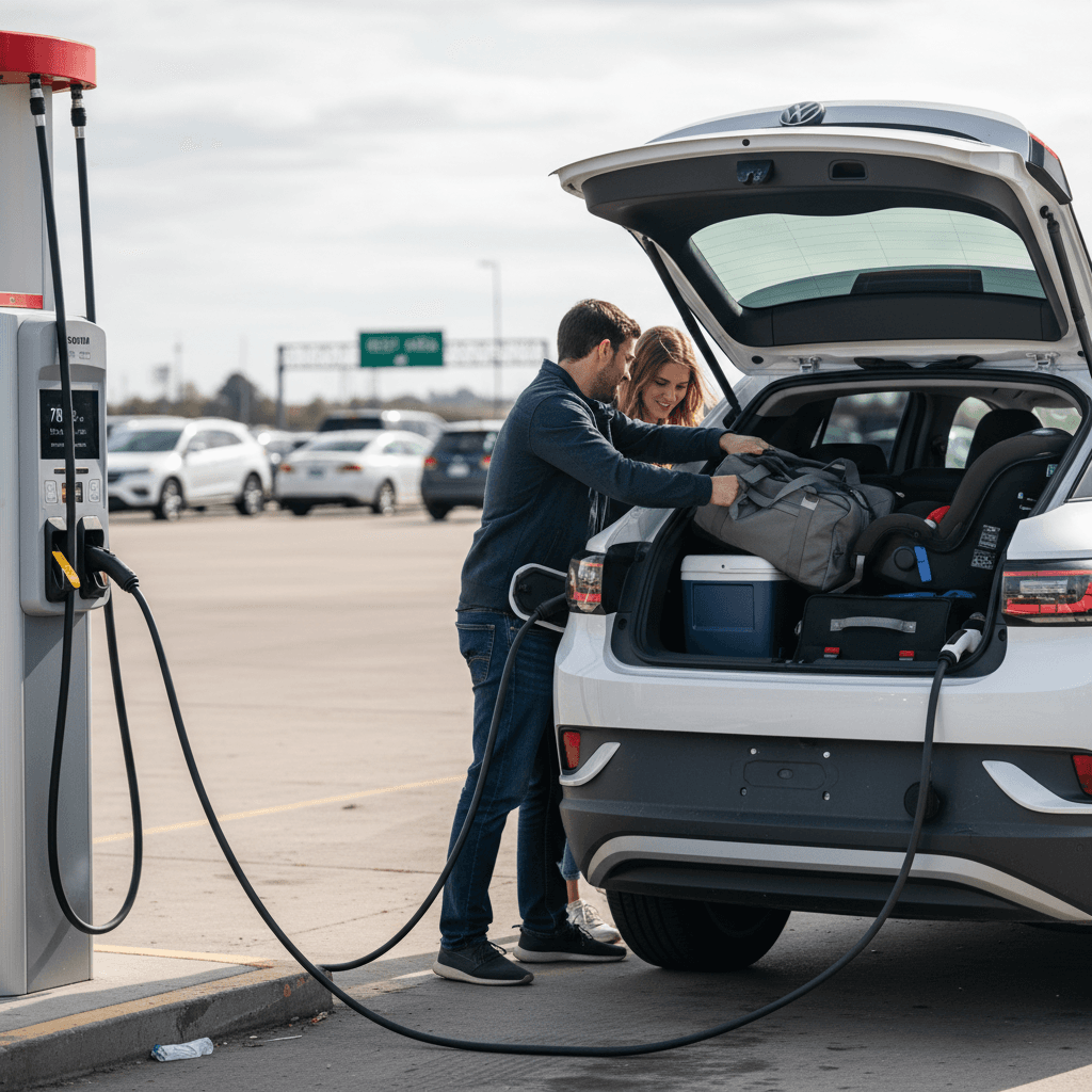 Volkswagen ID.4 parked at a highway DC fast charger while a family stretches their legs during a road trip