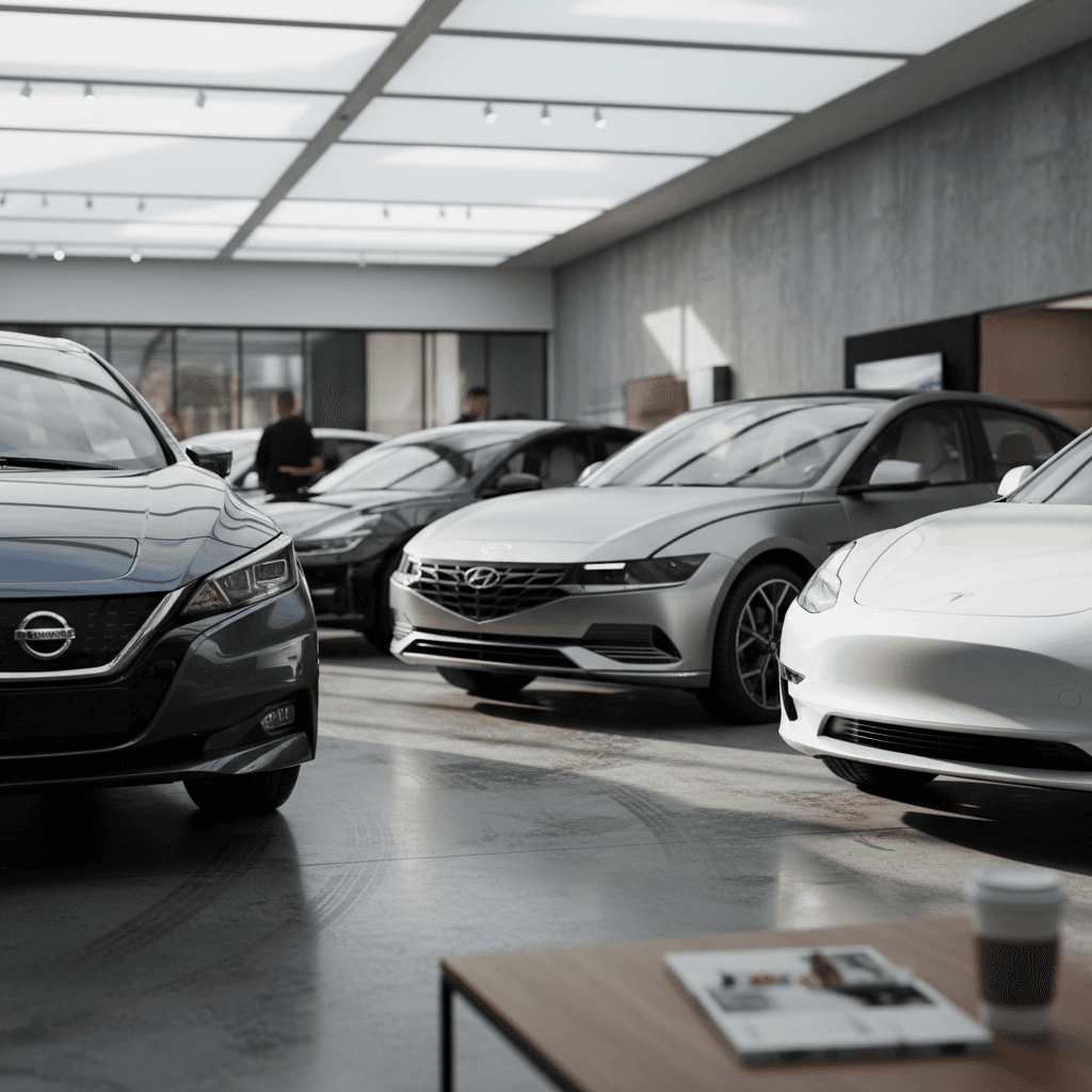 Lineup of affordable electric sedans including a Nissan Leaf, Tesla Model 3, and Hyundai Ioniq 6 parked in front of a modern dealership building