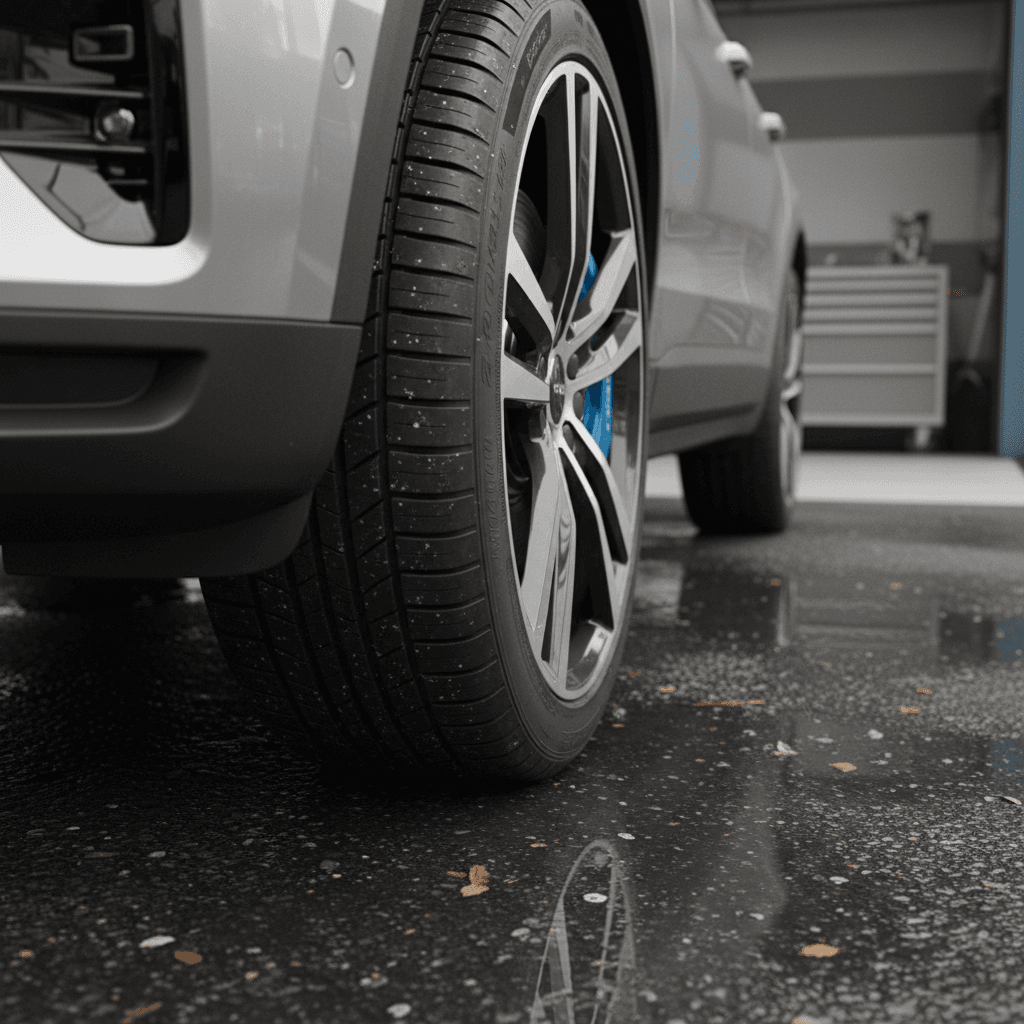 Close-up of a Volvo EX90 wheel and tire parked on wet pavement, highlighting tread pattern and sidewall height