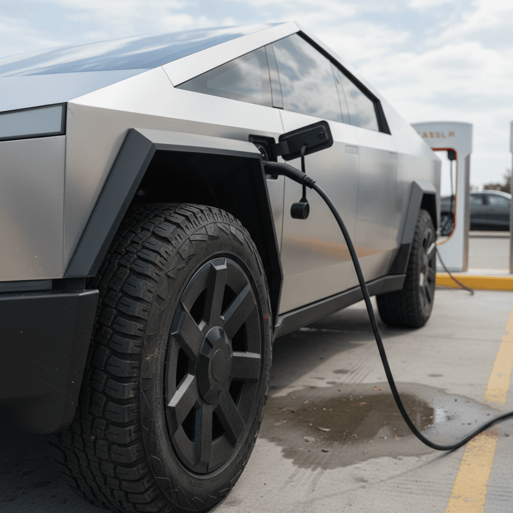 Close-up of a Tesla Cybertruck front wheel and charging port connected to a Supercharger stall
