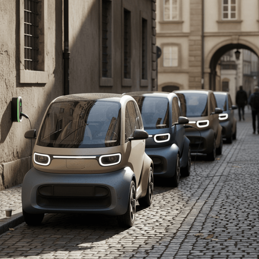 Compact electric city car driving on a modern urban street