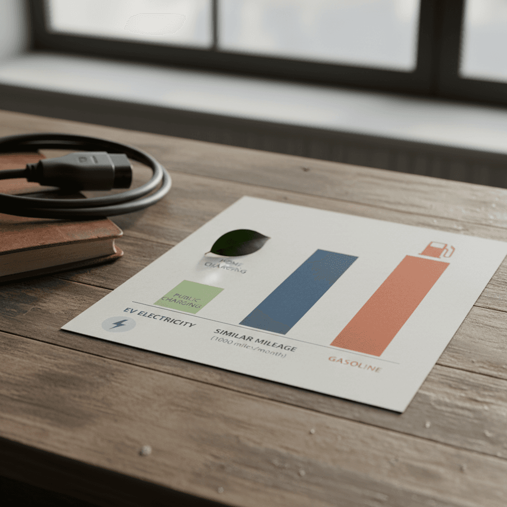 Bar chart comparing average monthly EV electricity cost with monthly gasoline cost for similar miles driven