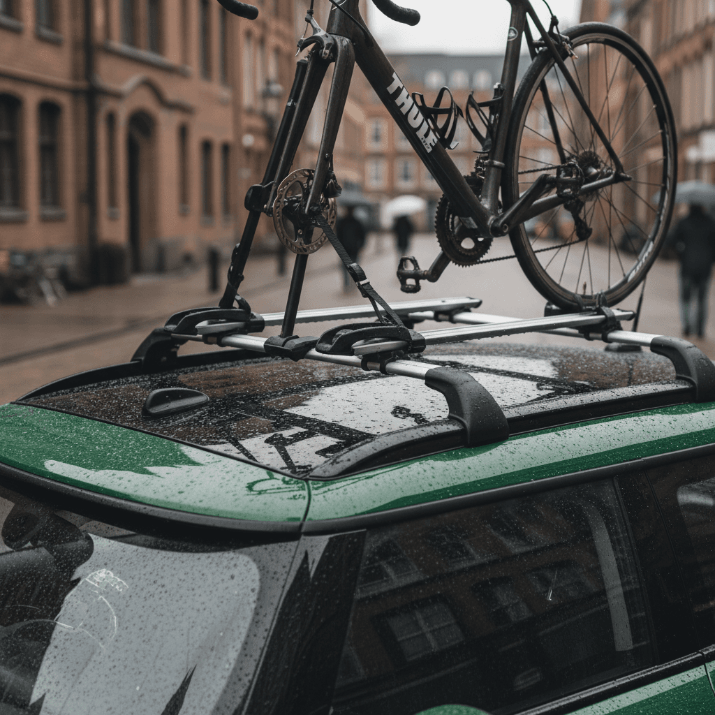 Mini Cooper SE with factory roof rails and aero crossbars carrying two bikes on the roof