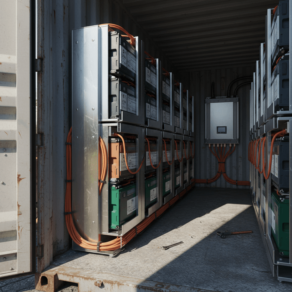 Second-life EV battery modules repurposed into a stationary energy storage rack connected to solar panels