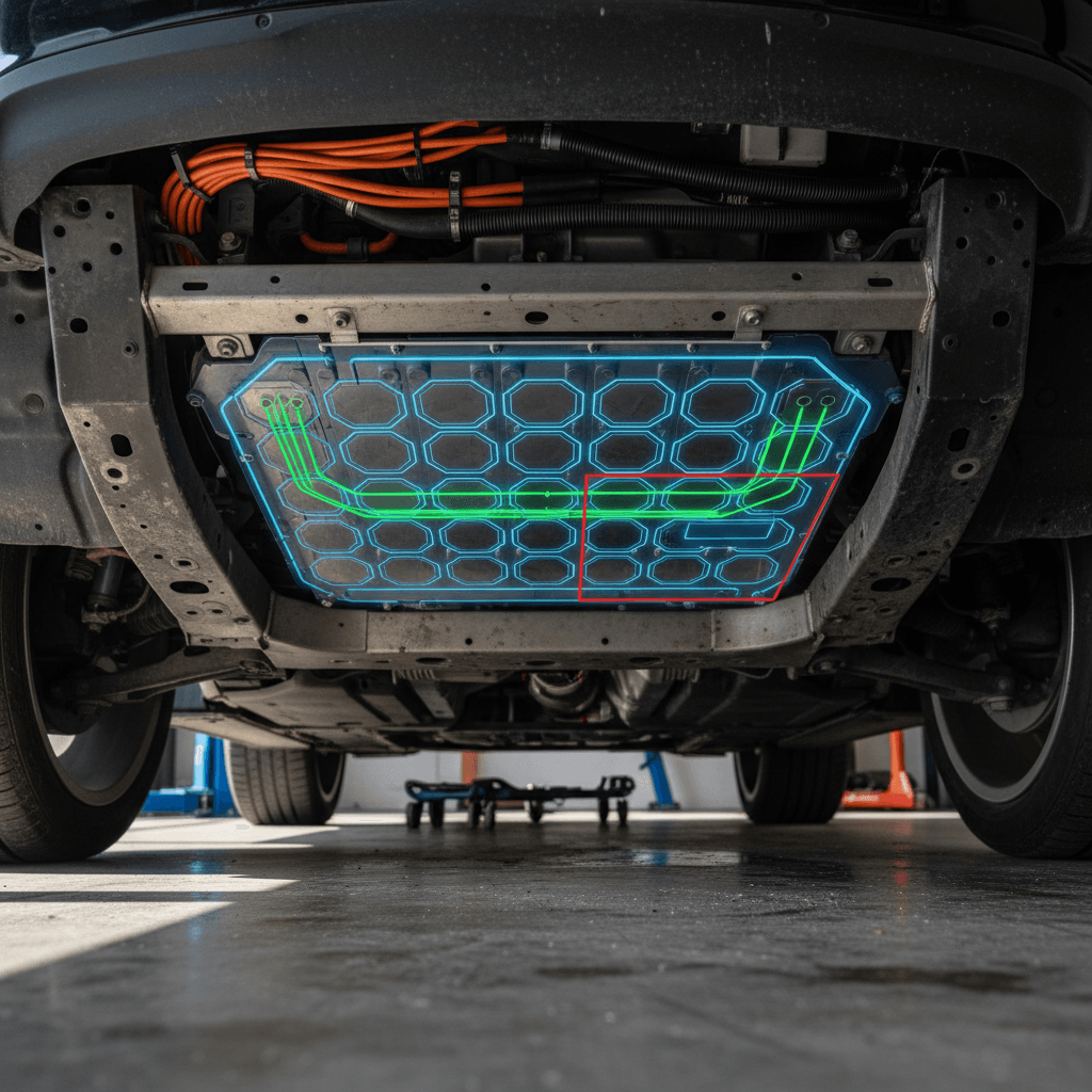 Illustrated view of a Tesla Model X underbody battery pack highlighting internal modules and electronics