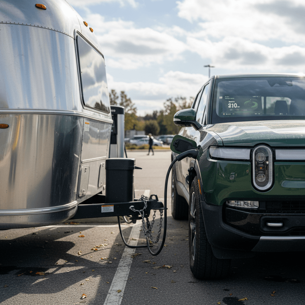 Rivian R1T towing a travel trailer while fast charging, with charging status and remaining range visible on the touchscreen