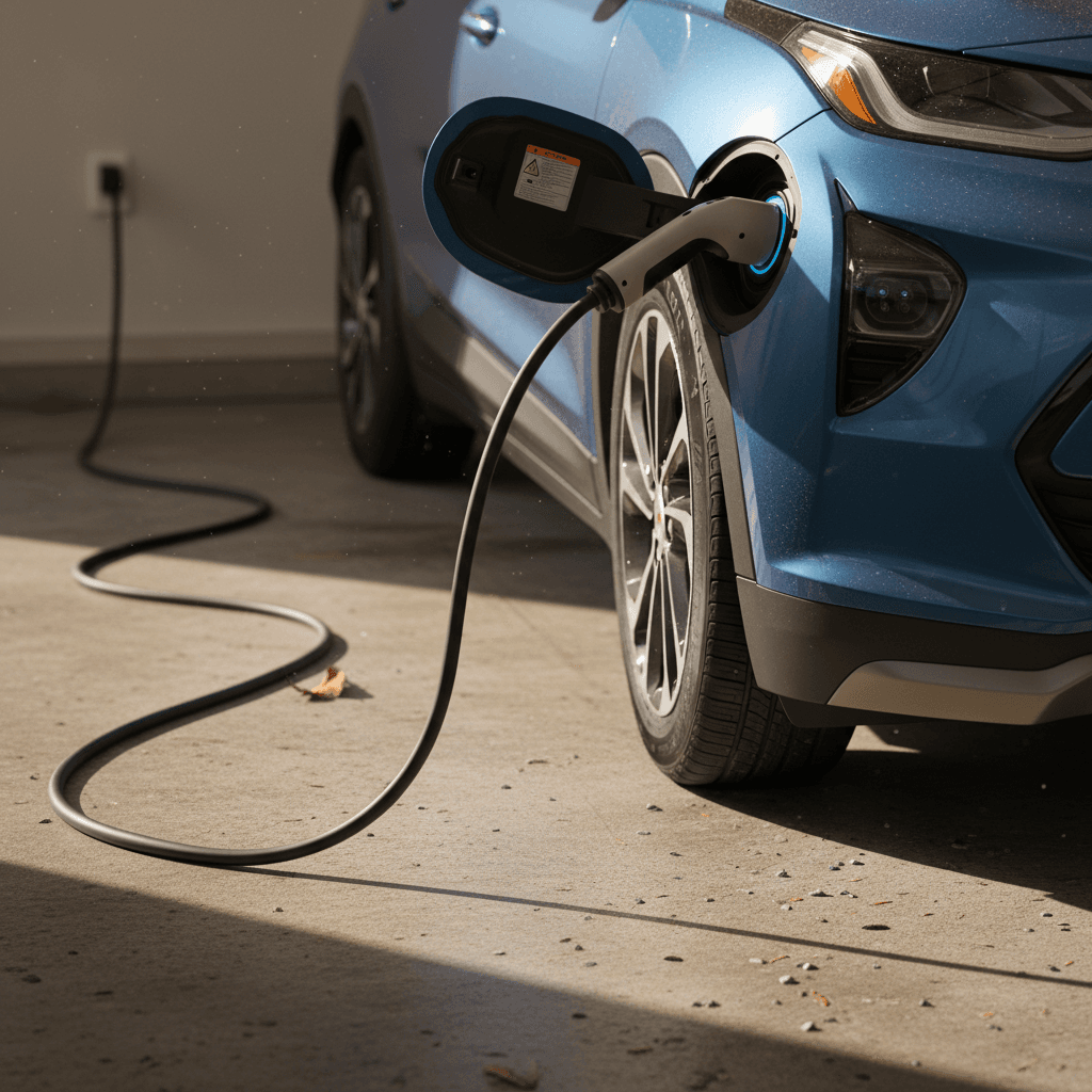 Chevy Bolt EUV charge port with portable charging cord on a garage floor, illustrating charging equipment recalls