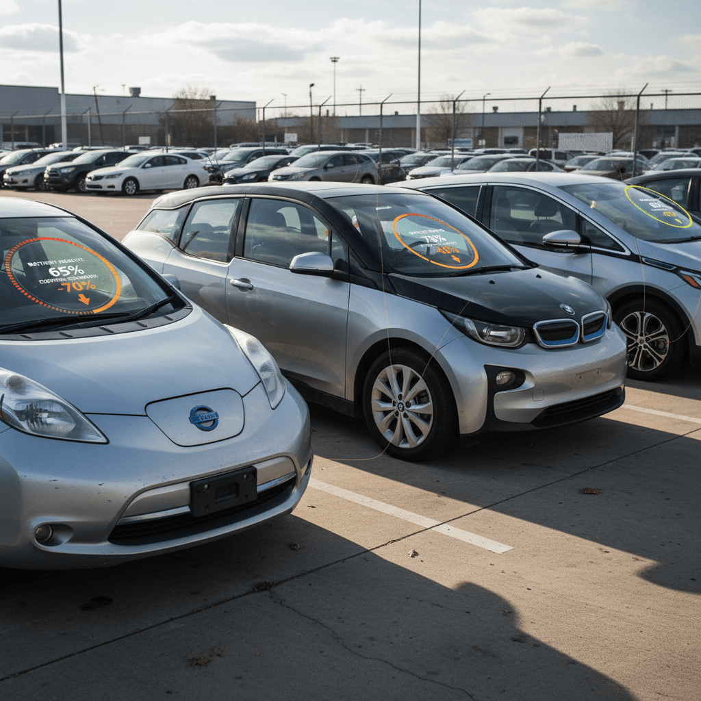 Lineup of several used electric cars with overlays showing battery health and depreciation warnings