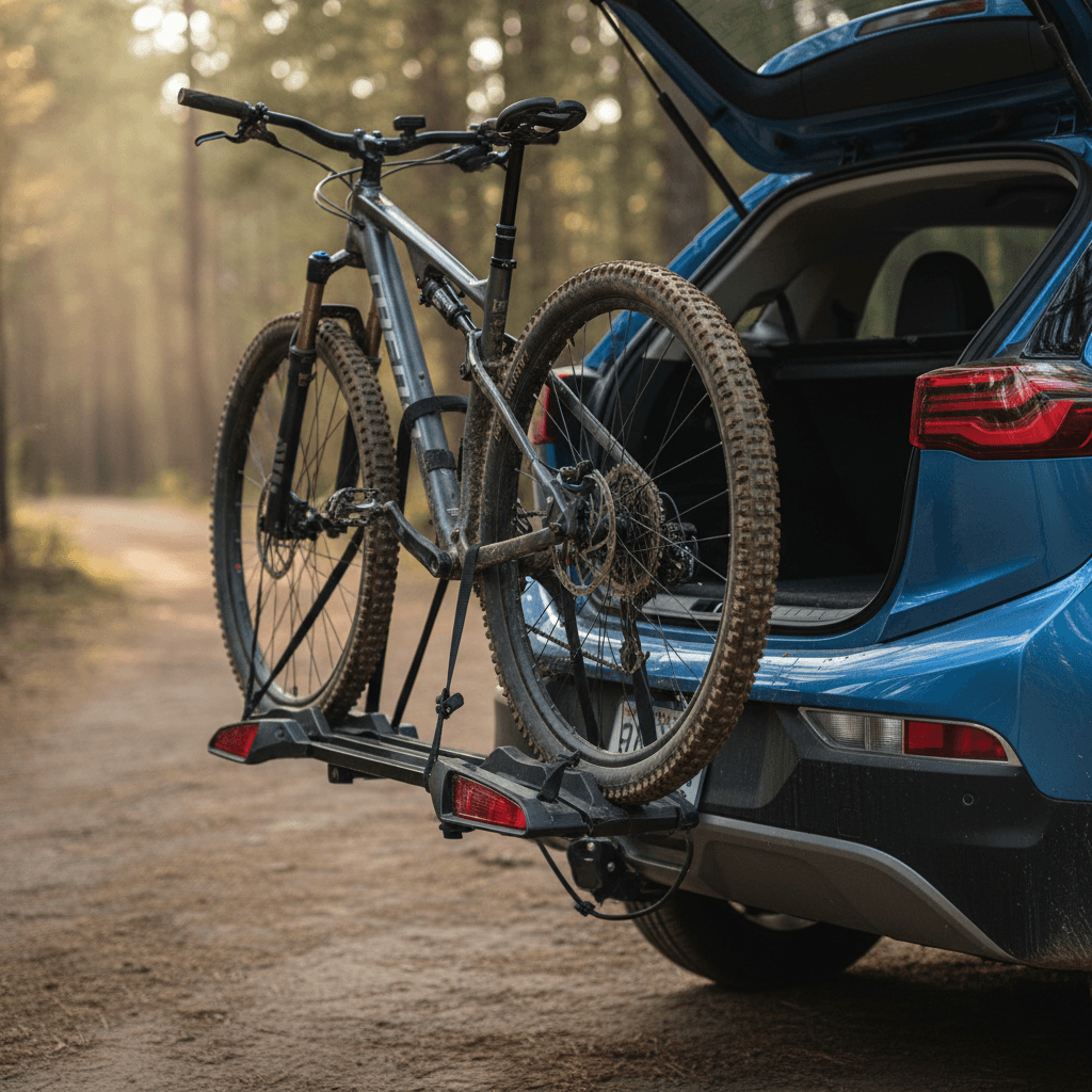 Hitch-mounted platform bike rack on a Chevrolet Bolt EUV carrying two mountain bikes