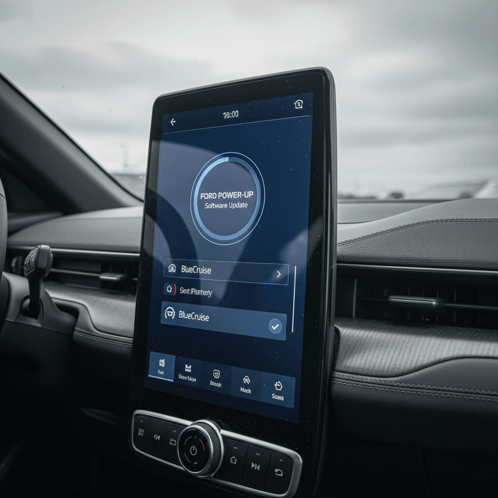 Ford Mustang Mach‑E touchscreen showing software update progress and BlueCruise settings
