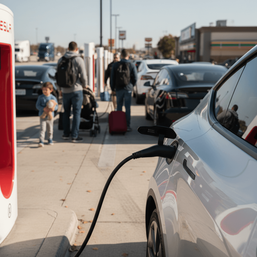 Tesla Model Y plugged into multiple Supercharger stalls at a busy highway rest stop