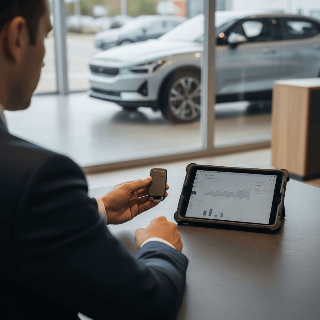Dealer appraiser inspecting a Polestar 2 and reviewing trade‑in pricing data on a tablet