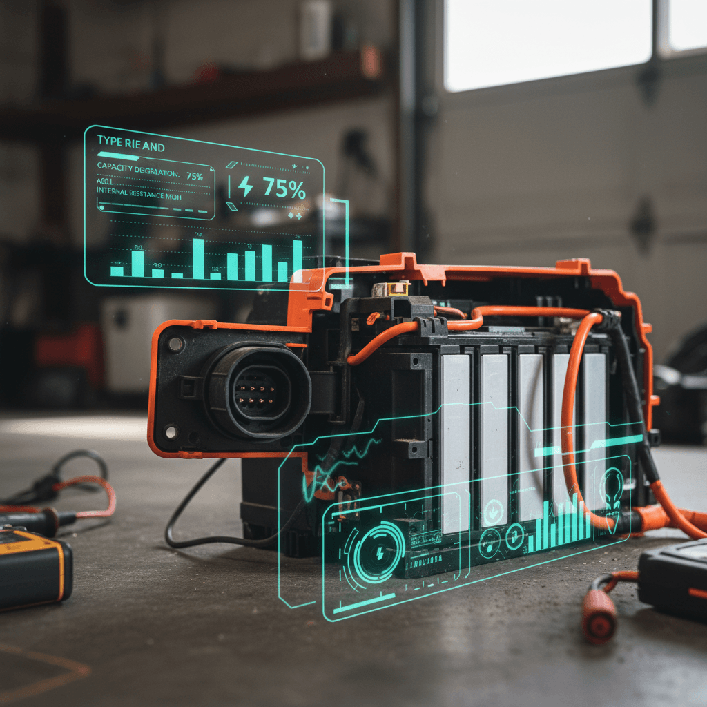 Technician using diagnostic tablet to evaluate a Nissan Leaf battery pack and charging system