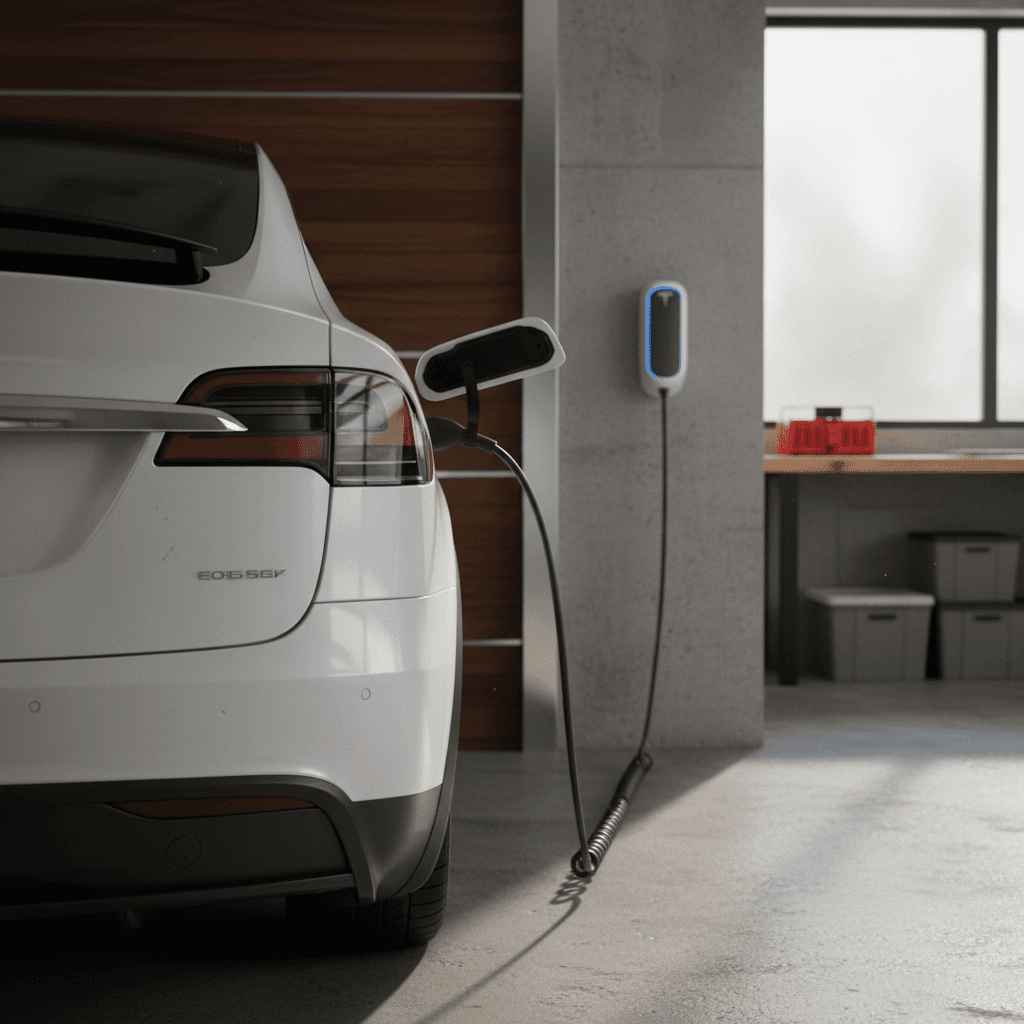 Tesla Model X plugged into a wall connector in a residential garage, showing home charging setup