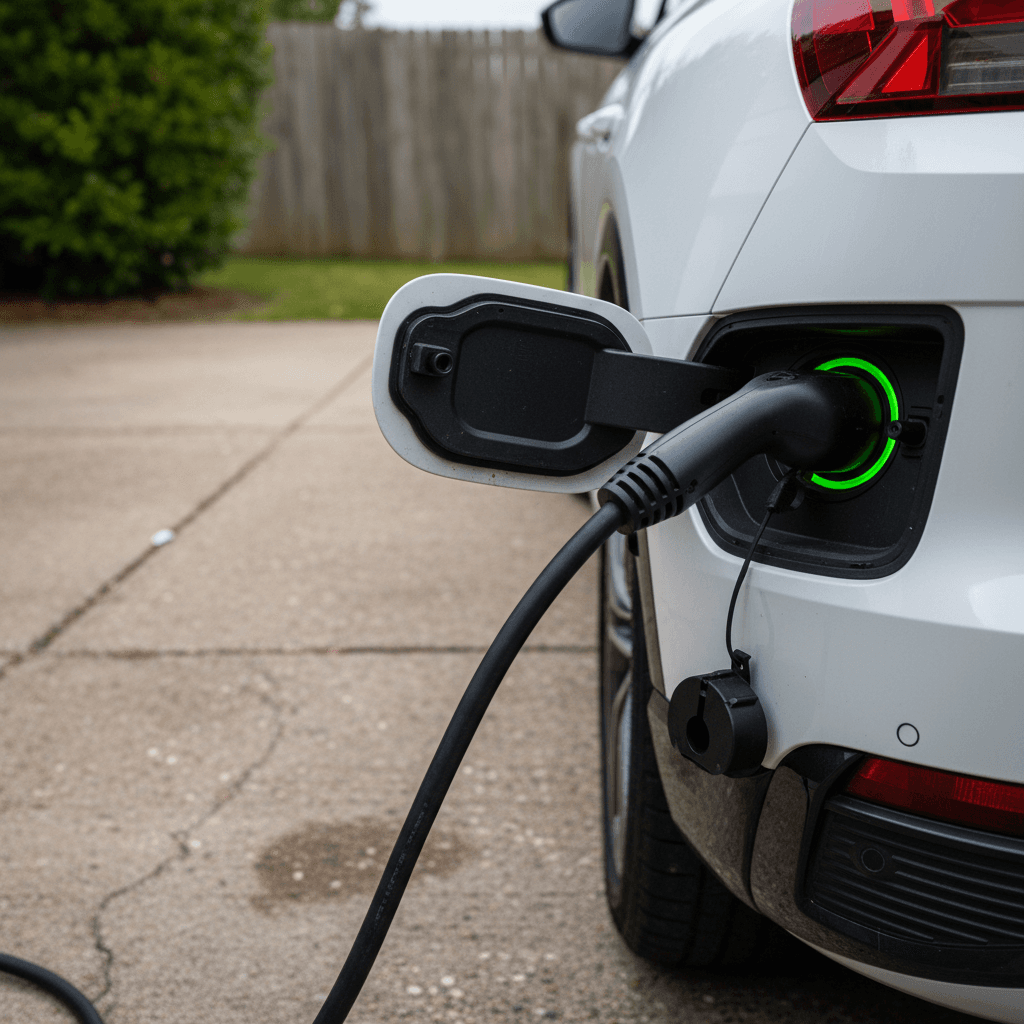 Audi Q4 e-tron plugged into a home Level 2 charger in a driveway, showing the charging port and cable clearly.