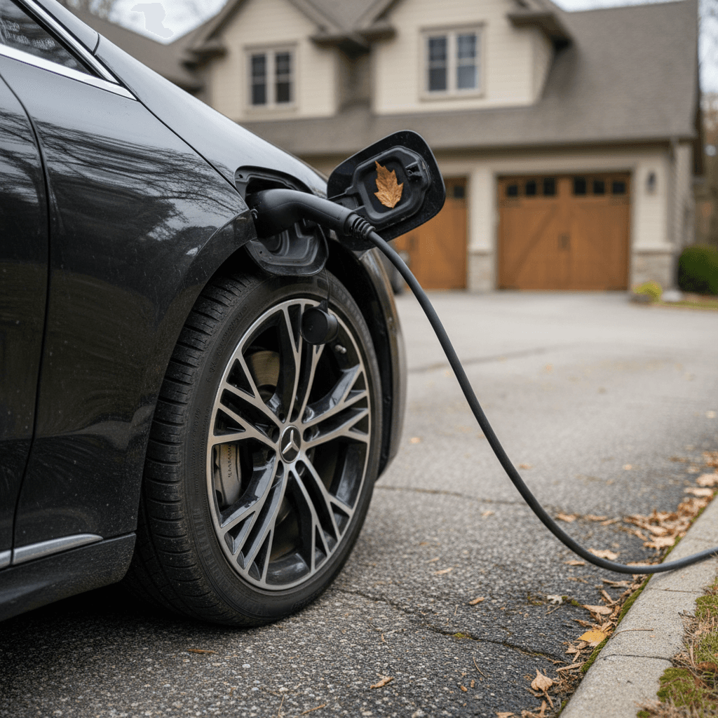 2022 Mercedes EQS plugged into a home charger showing clean exterior and wheel detail