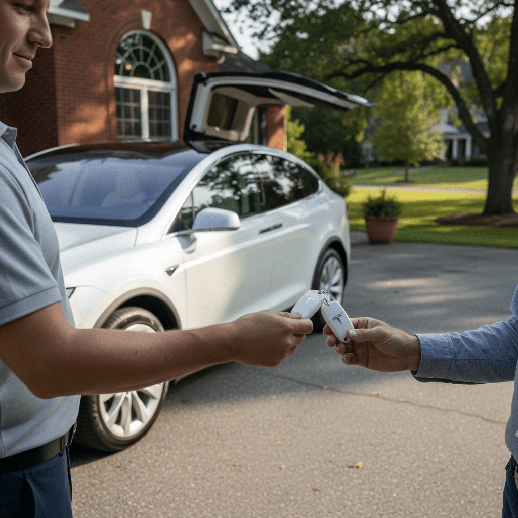Owner handing keys to a buyer in front of a clean white Tesla Model X parked at a South Carolina home