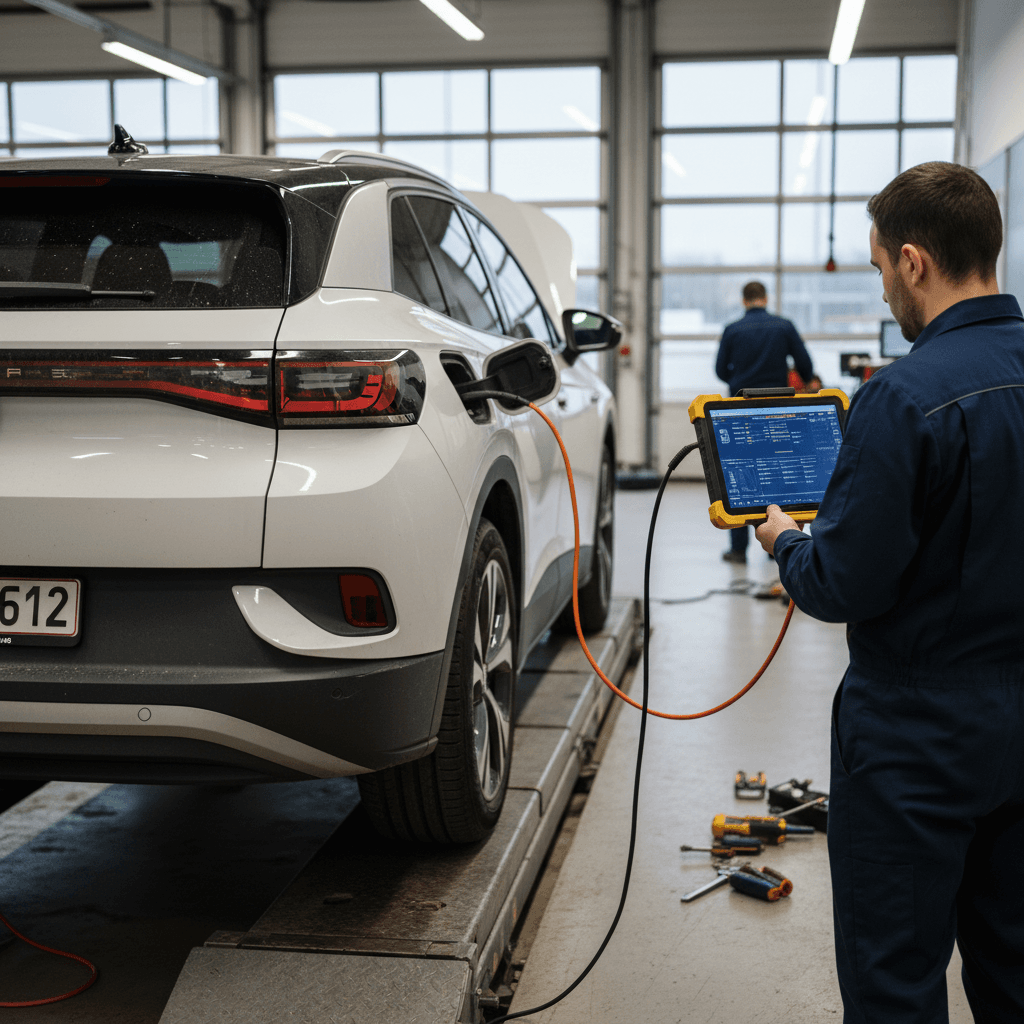 Technician running a battery health scan on a used Volkswagen ID.4 before providing a trade-in value offer