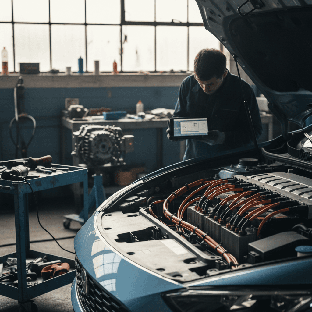 Driver reviewing a car maintenance checklist while inspecting under the hood