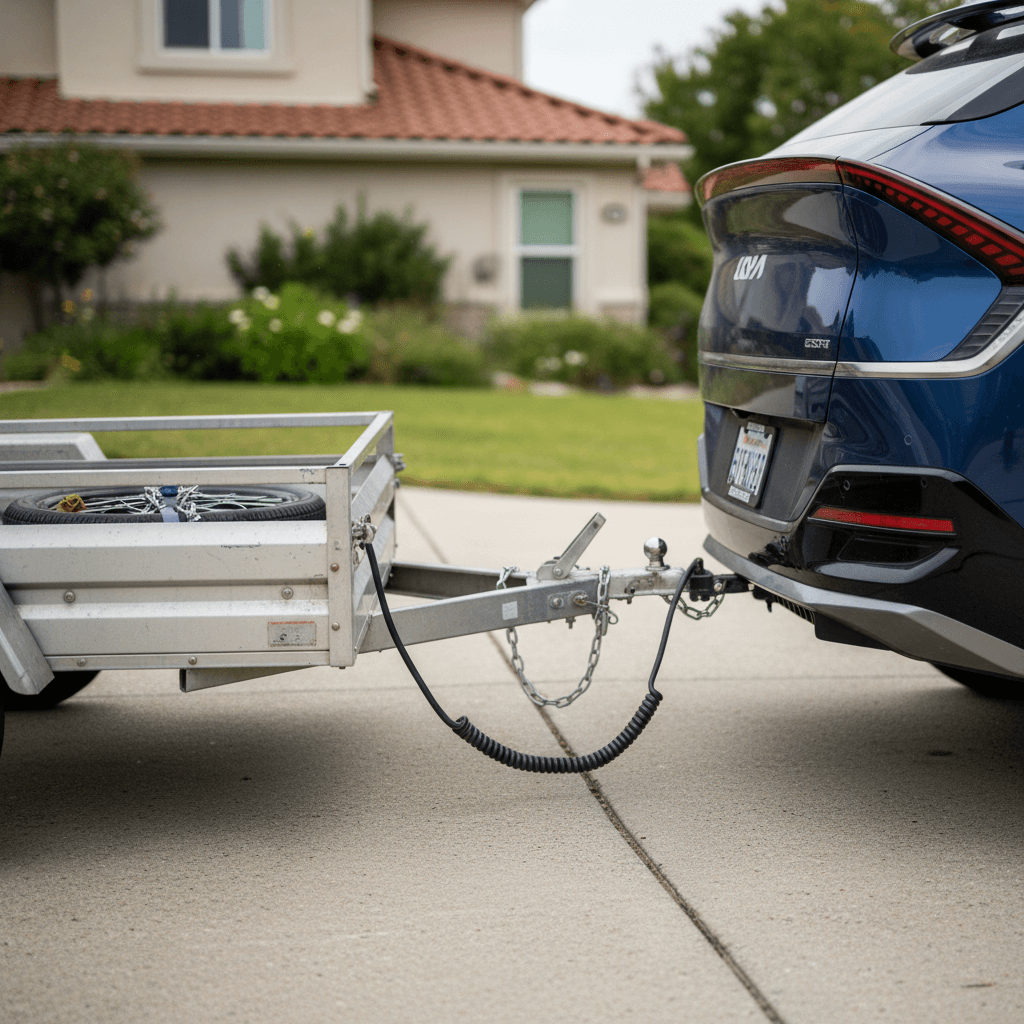 Kia EV6 hitched to a small utility trailer parked in a driveway
