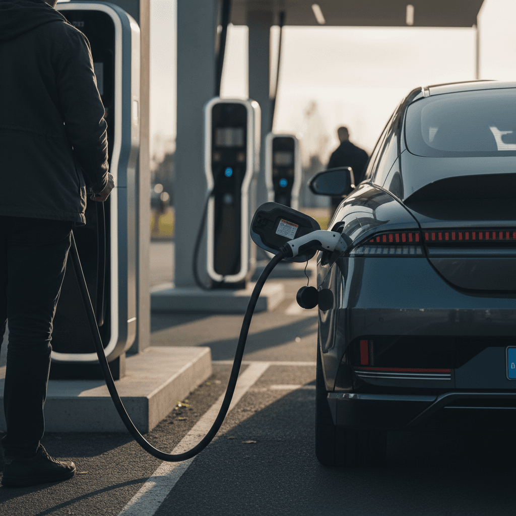 Hyundai Ioniq 6 plugged into a DC fast charger at a modern charging station
