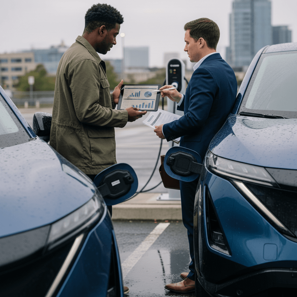Insurance agent discussing coverage options with a Nissan Ariya owner next to their electric SUV