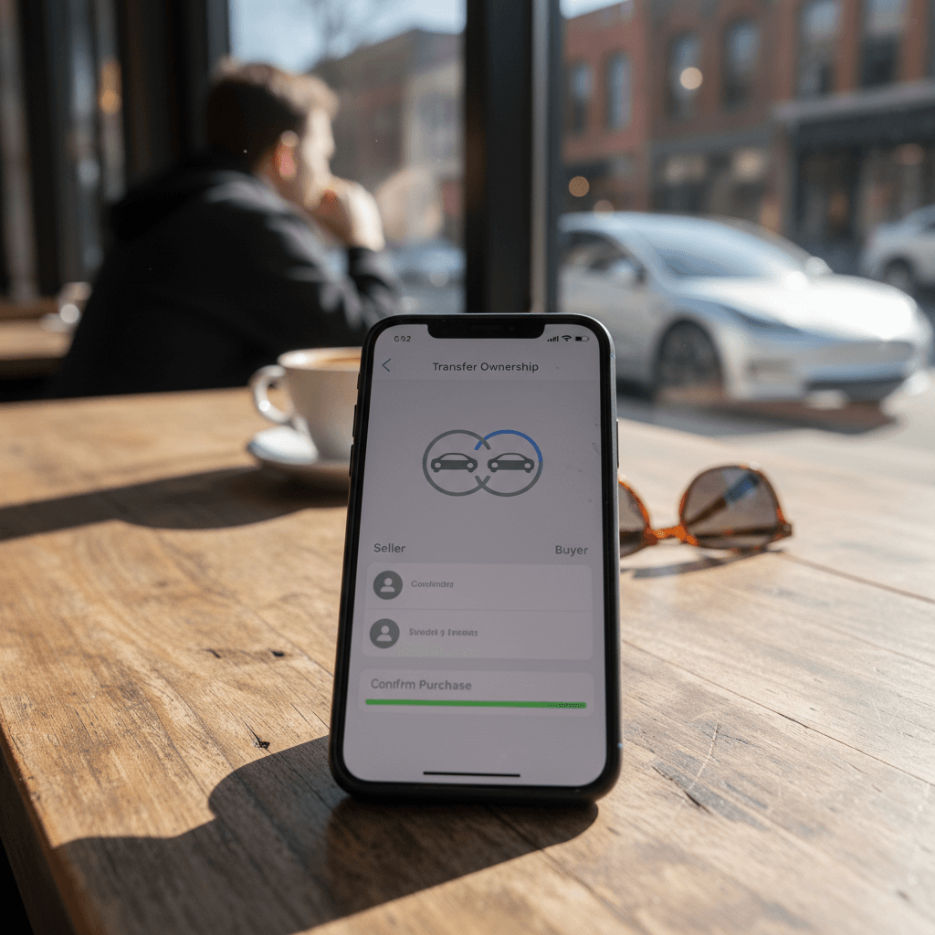 Tesla mobile app showing the transfer ownership screen between a seller and a buyer