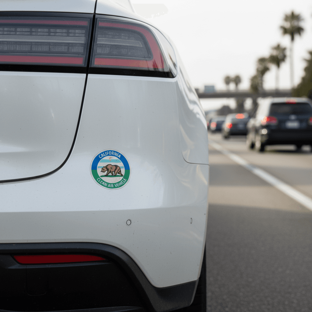 California Clean Air Vehicle decal attached to the rear bumper of an electric vehicle in freeway traffic