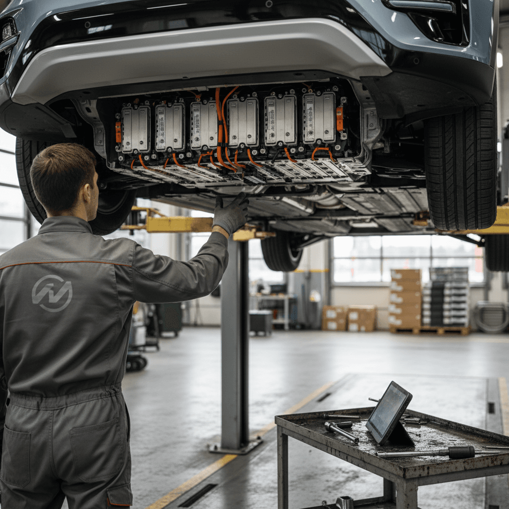 Technician inspecting a Kia Niro EV high-voltage battery pack on a lift