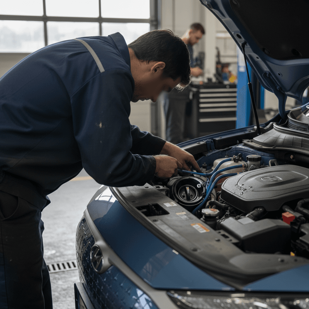 Technician checking the front charge port and surrounding trim on a Hyundai Kona Electric on a lift
