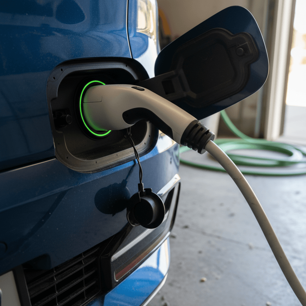 Kia EV6 plugged into a Level 2 home charger with visible charging status lights