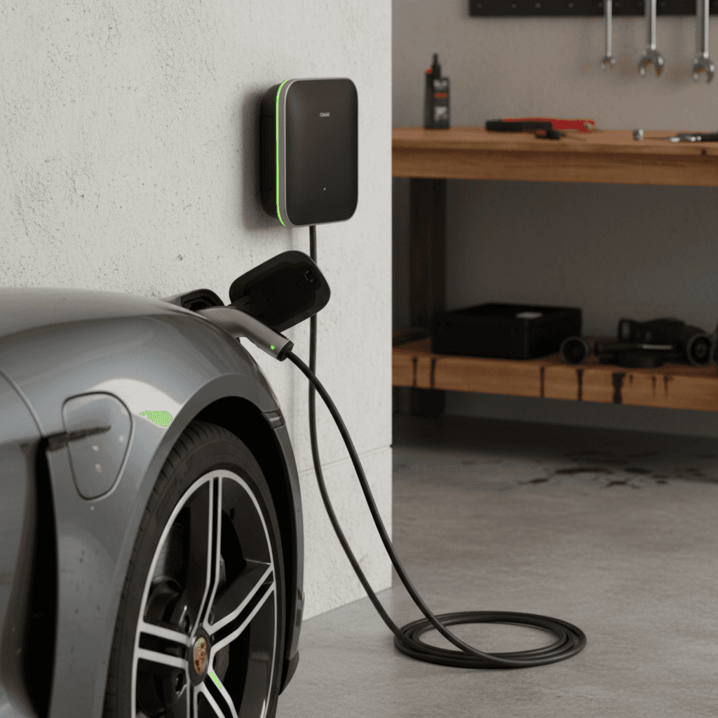Porsche Taycan plugged into a sleek Level 2 home charger on the wall of a modern garage