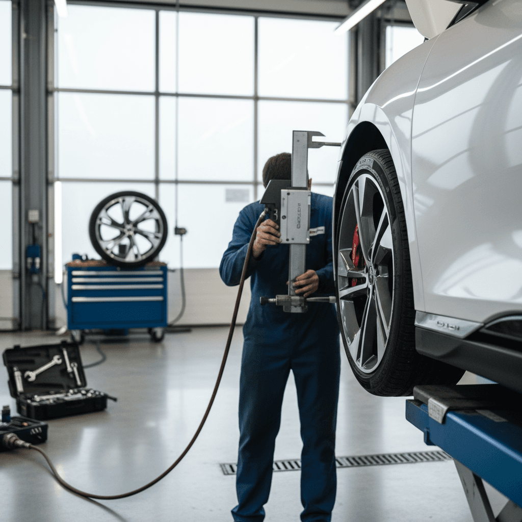 Technician performing a tire and brake inspection on a Lucid Air in a modern service bay