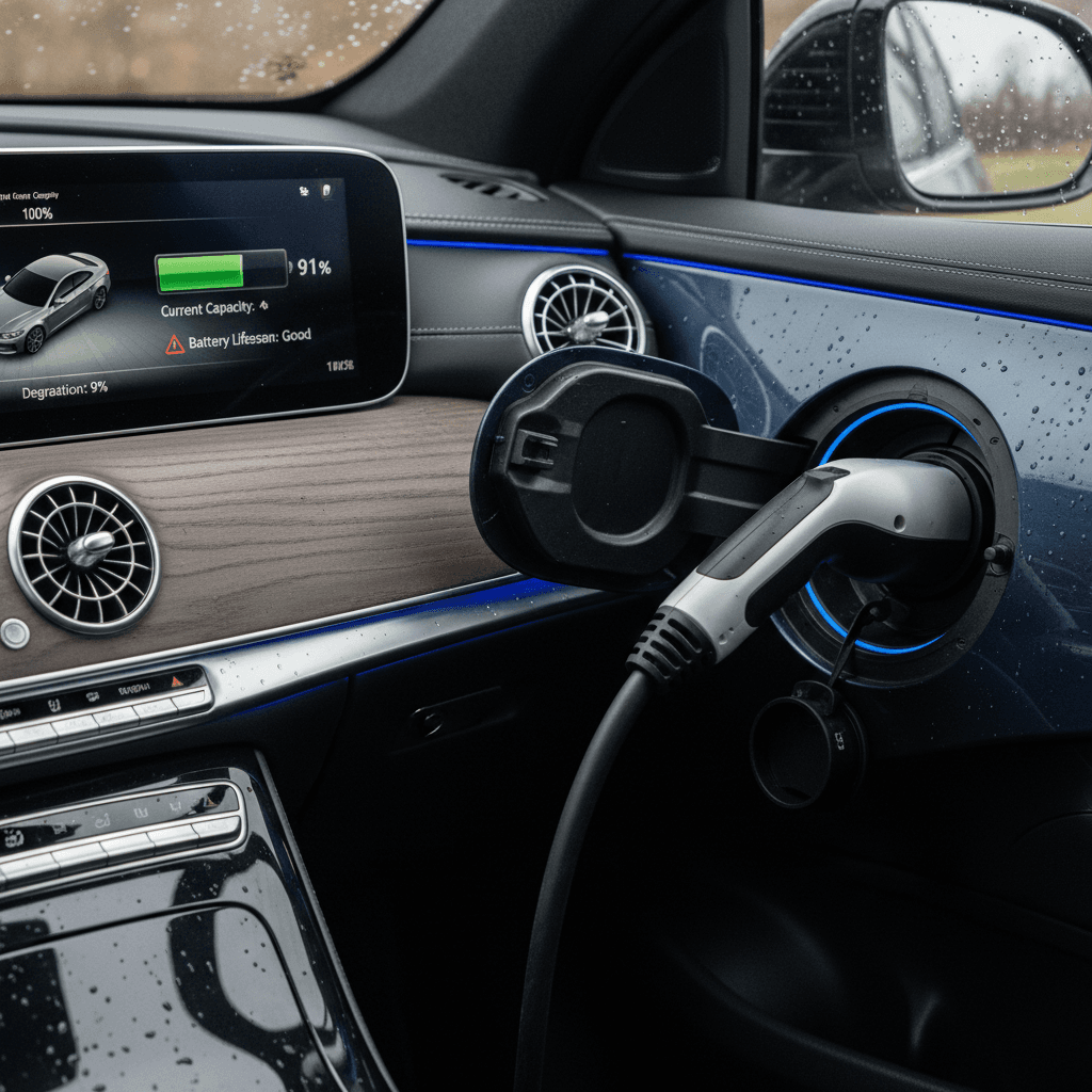 Close-up of a Mercedes EQS charging port and in-cabin screen showing battery state of charge and range